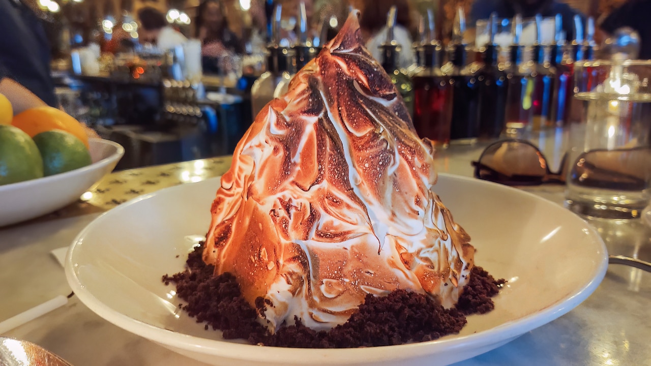 Baked Alaska dessert served in a classy restaurant