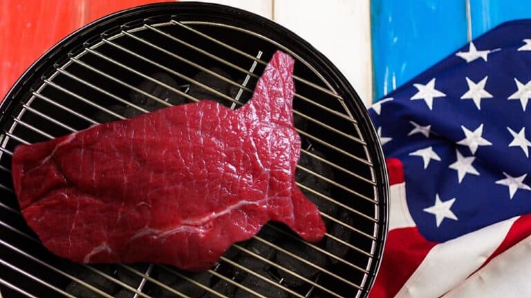 A piece of meat in the shape of the United States on a grill next to an American flag