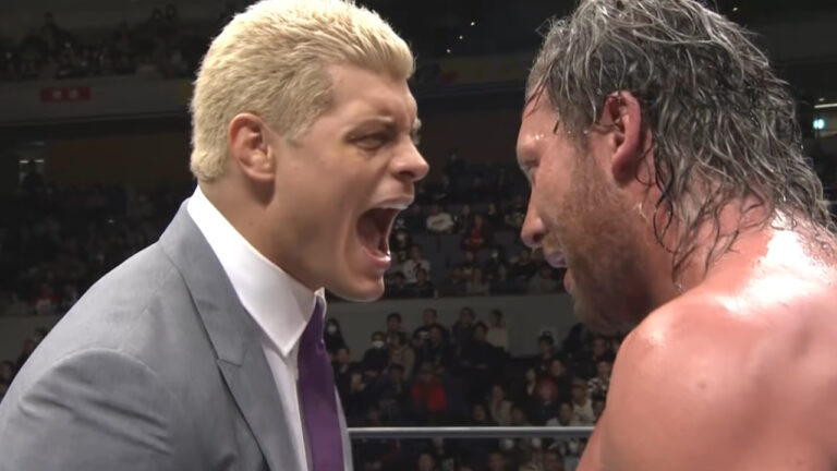 Cody Rhodes confronts Kenny Omega in the ring in New Japan Pro Wrestling, January 2018