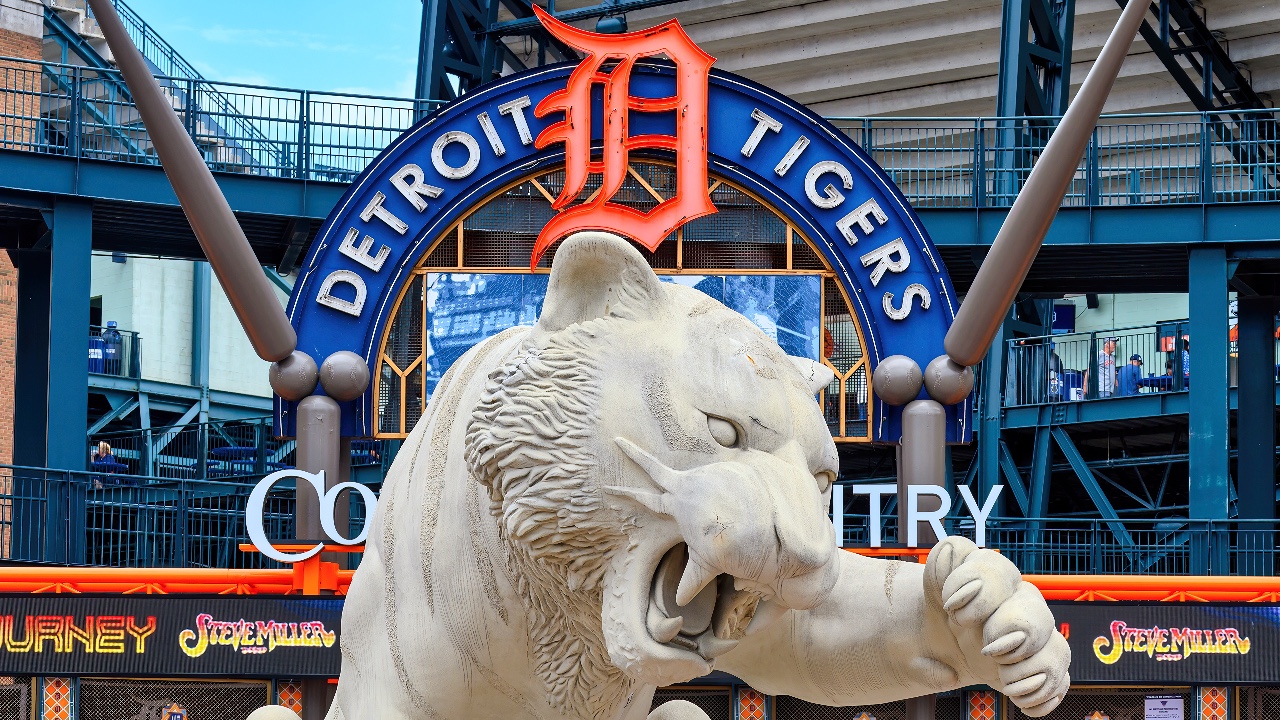 Decorative sculpture. Architectural features of the Comerica Park - the home stadium of the MLB Detroit Tigers
