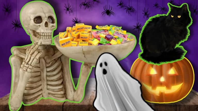 Halloween candy, decorations, black cat, pumpkin, jack o lantern, skeleton candy bowl