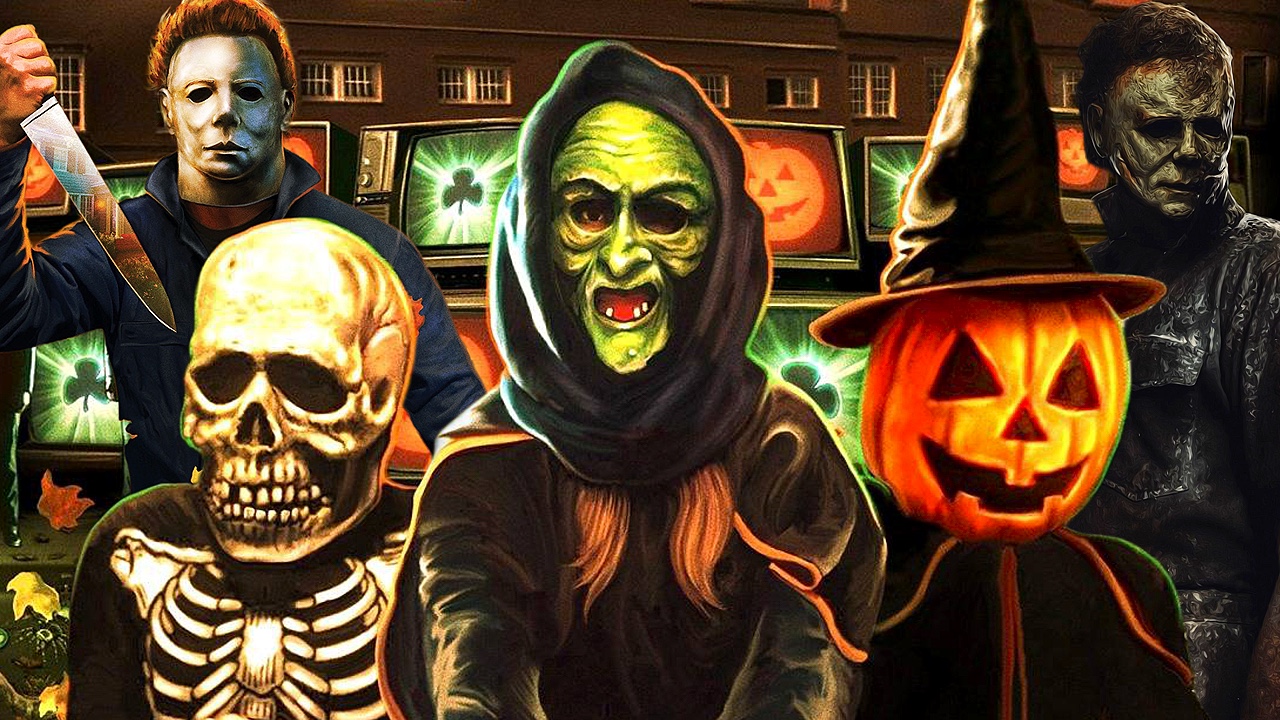 A composite image of Michael Myers from the original Halloween and latest with the trick or treaters from the third movie between them