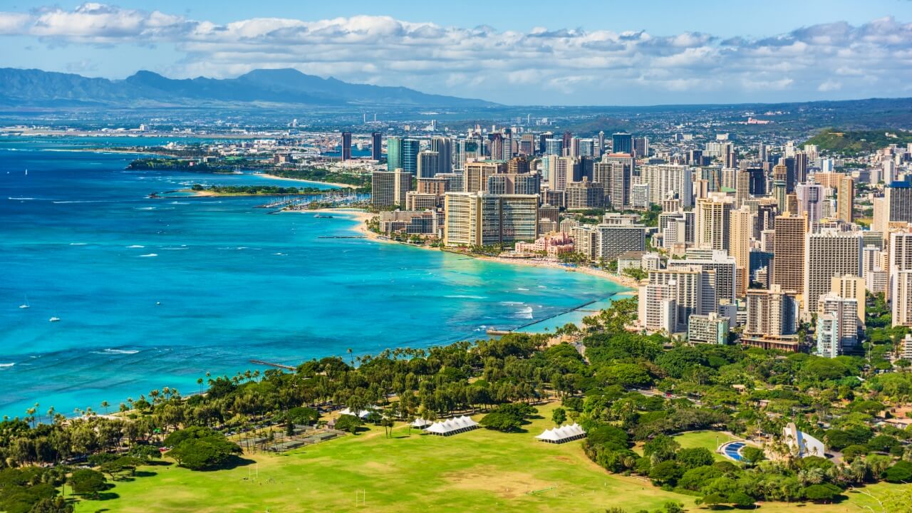 Hawaii Honolulu city view from Diamond Head lookout, Waikiki beach