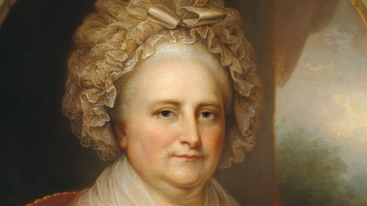 A detail of a portrait of Martha Washington