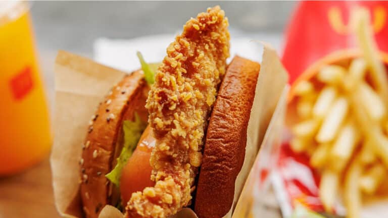 McDonald's chicken sandwich, fries and drink.