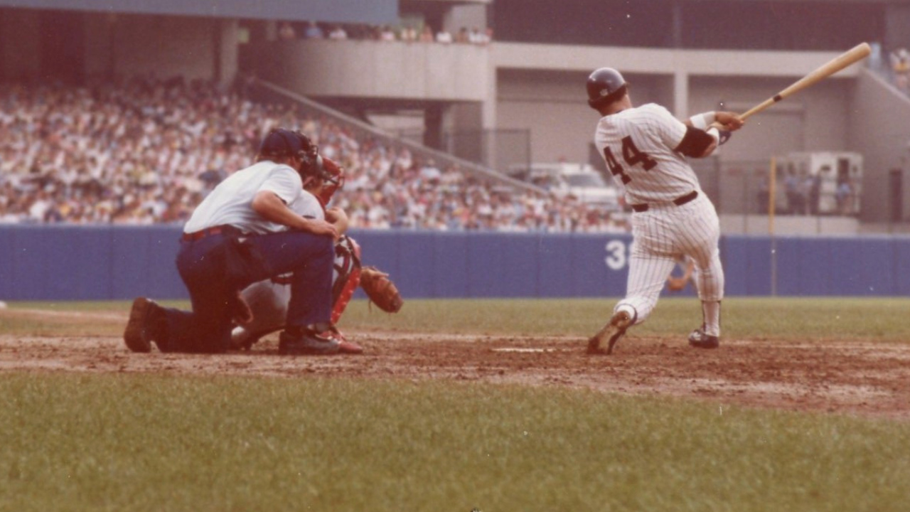 Reggie Jackson batting at Yankee Stadium, circa 1979