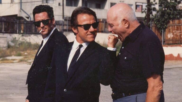 Harvey Keitel, Michael Madsen, and Lawrence Tierney in Reservoir Dogs (1992).