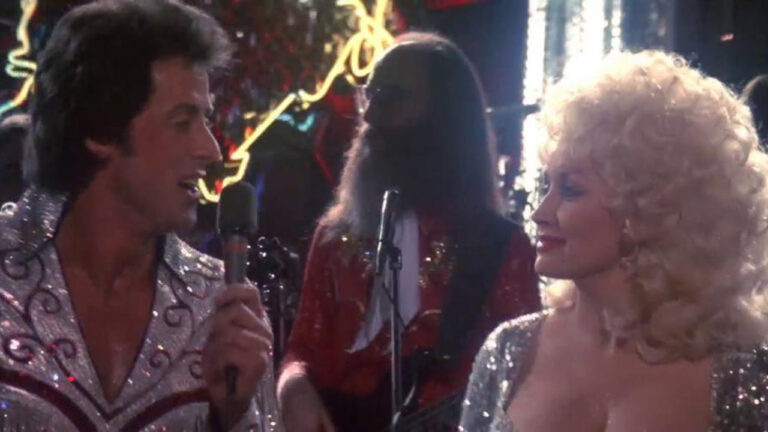 Sylvester Stallone and Dolly Parton in glitzy jumpsuits in Rhinestone (1984)