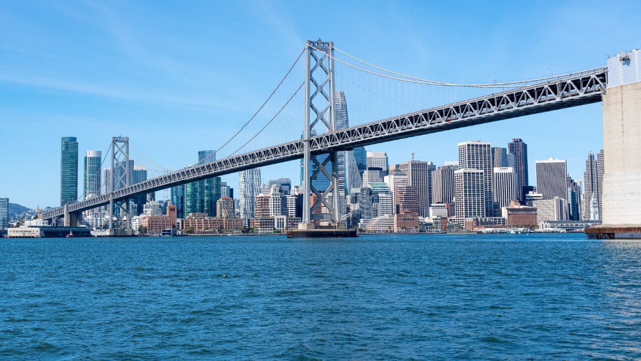 San Francisco, California, The Oakland Bay Bridge and the downtown San Francisco skyline as viewed from the San Francisco Bay.