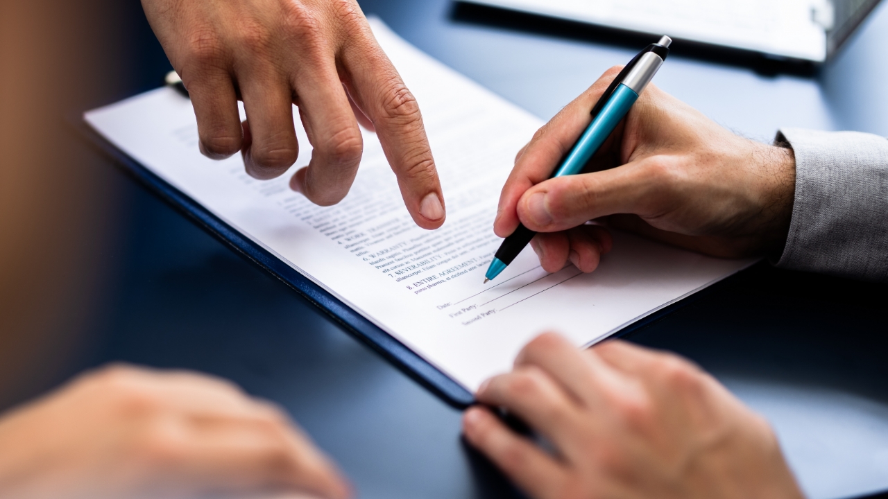Signing contract, agreement, paperwork, pen, hand, holding, pointing 