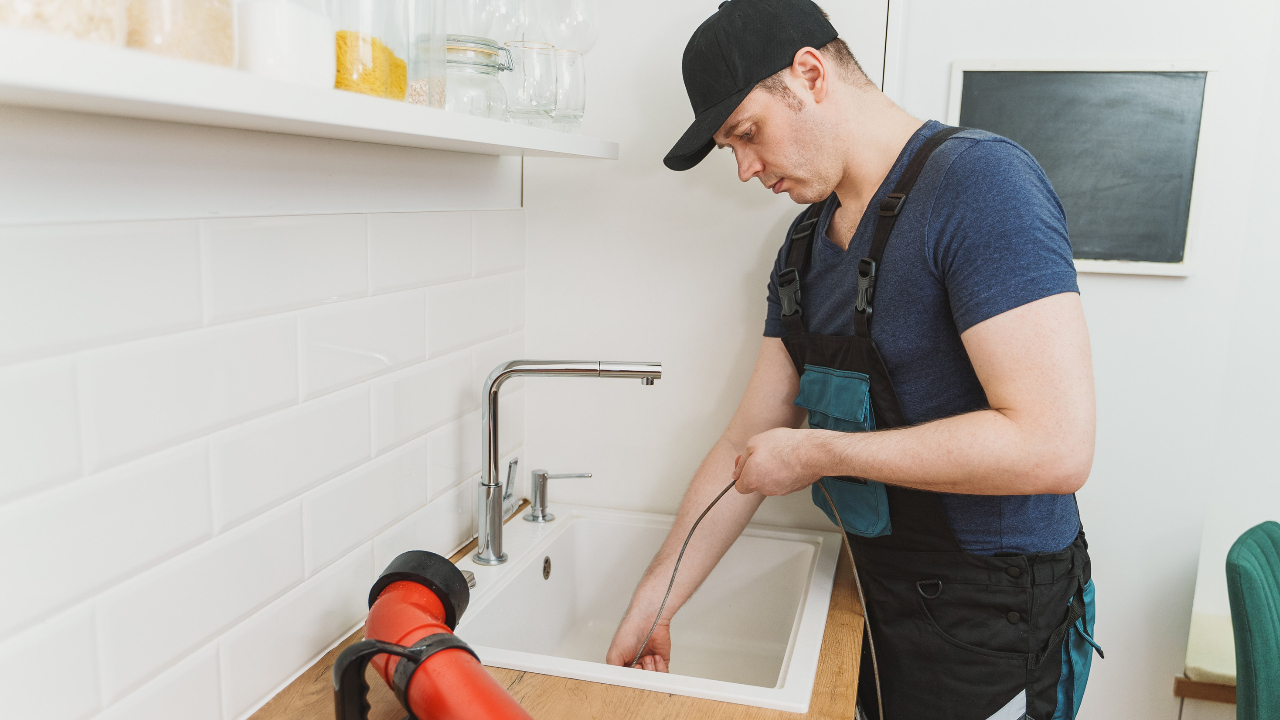 Using drain snake to unclog kitchen sink.