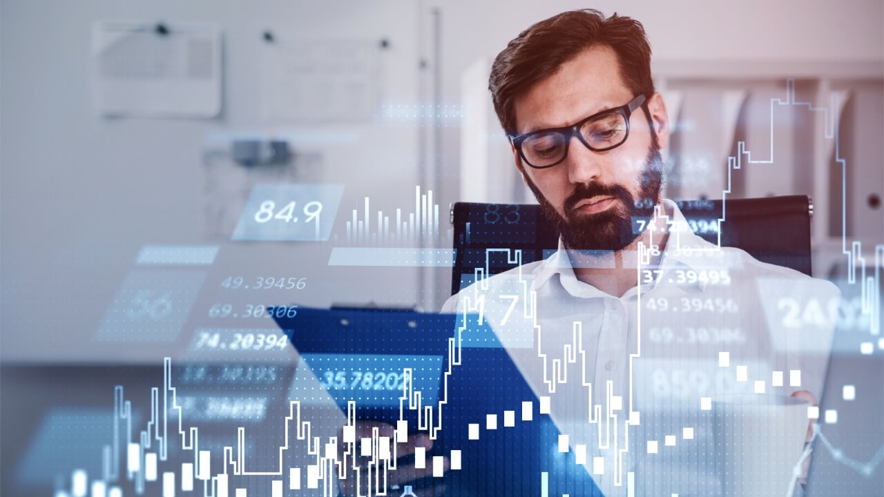 Business man analyzing stock graph chart on laptop, pc, tablet, investor, invest, money