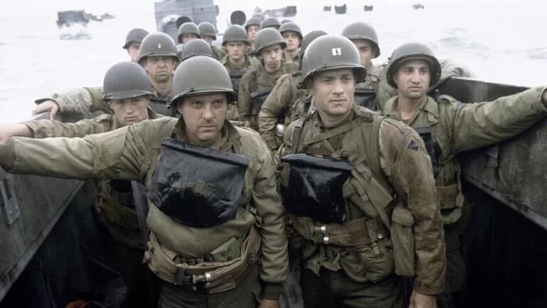Tom Hanks, Tom Sizemore, Shashi Rami, and Rolf Saxon in Saving Private Ryan (1998)