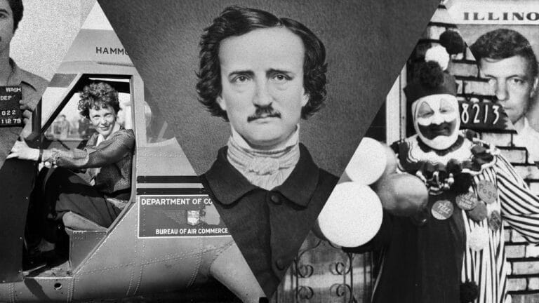 Mystery image edit featuring serial killers including John Wayne Gacy, criminal mugshots, Edgar Allen Poe and Amelia Earhart.