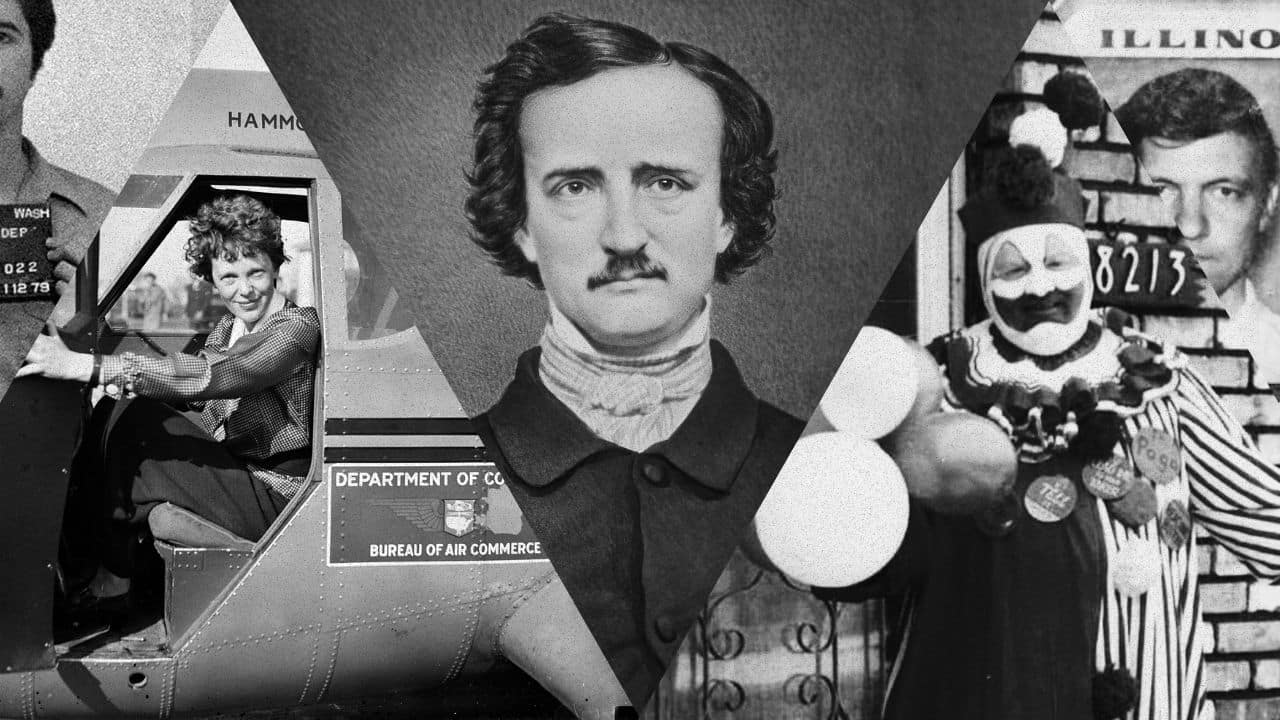 Mystery image edit featuring serial killers including John Wayne Gacy, criminal mugshots, Edgar Allen Poe and Amelia Earhart.