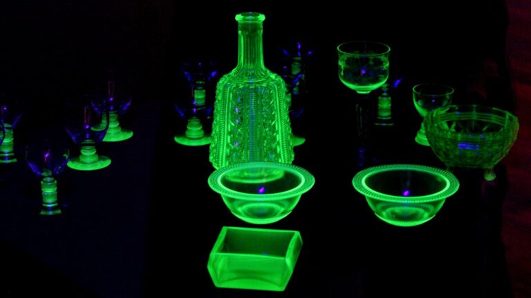 Uranium glass displayed in the dark