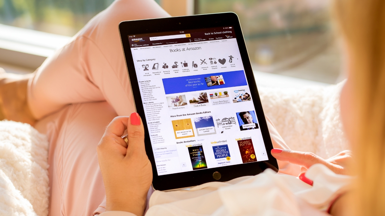 Woman on tablet shopping on Amazon