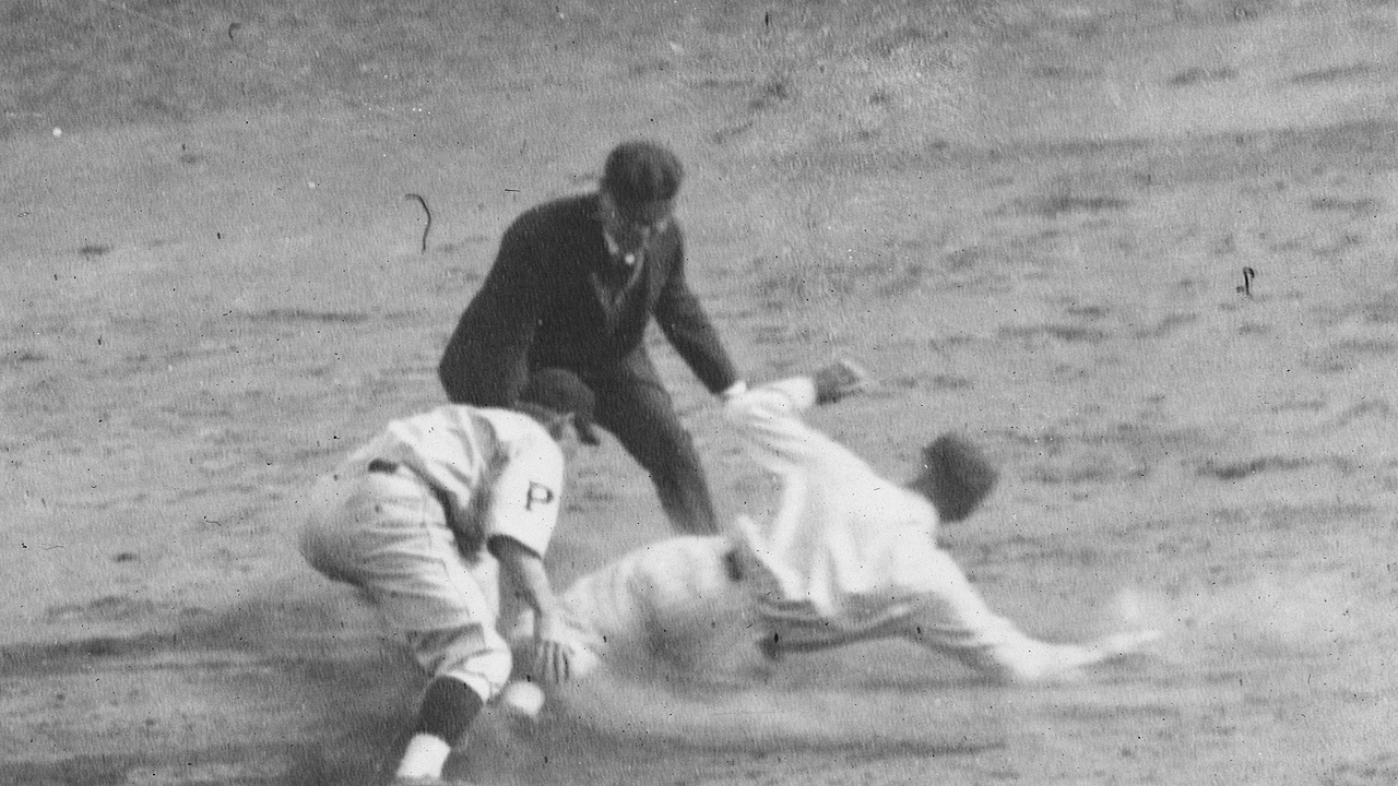 Joe Judge, of the Washington Nationals, called out at 2nd base on a hit-and-run play during the 1925 World Series between the Washington and the Pittsburgh Pirates