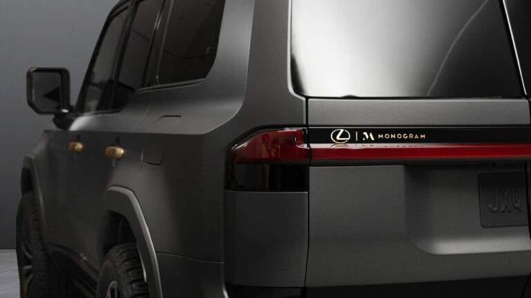 The rear and side view of the 2024 Lexus GX Monogram, showing golden detail on the vehicle and the golden nomenclature above the rear taillights.
