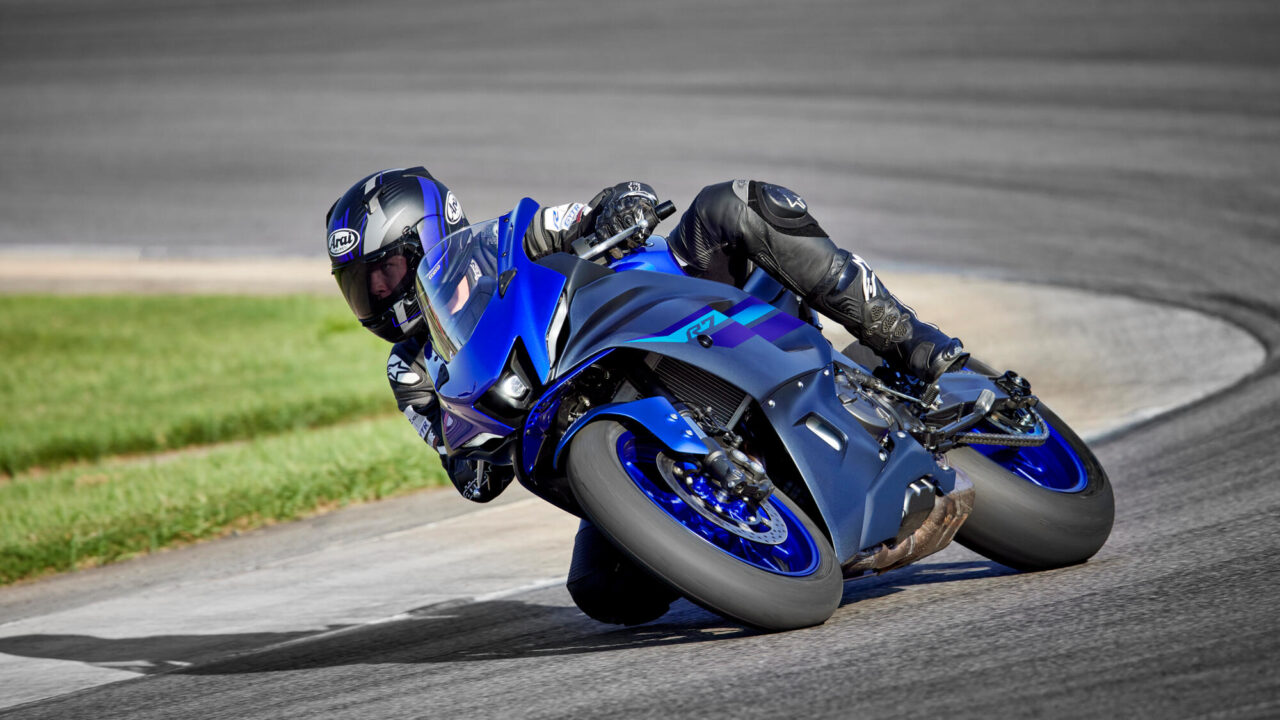 Blue Yamaha R7 on track.