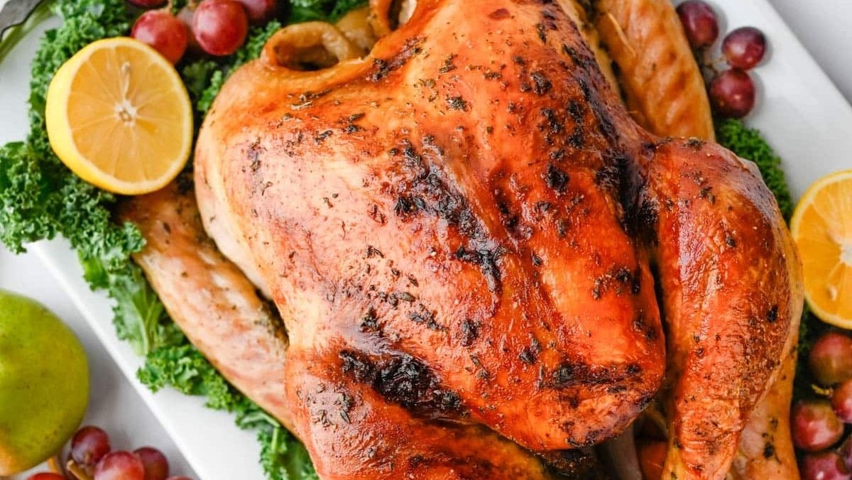 maple brined turkey on a platter.