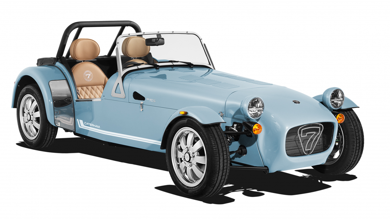 Caterham Seven 170, front 3/4 view, sky blue, white background, static