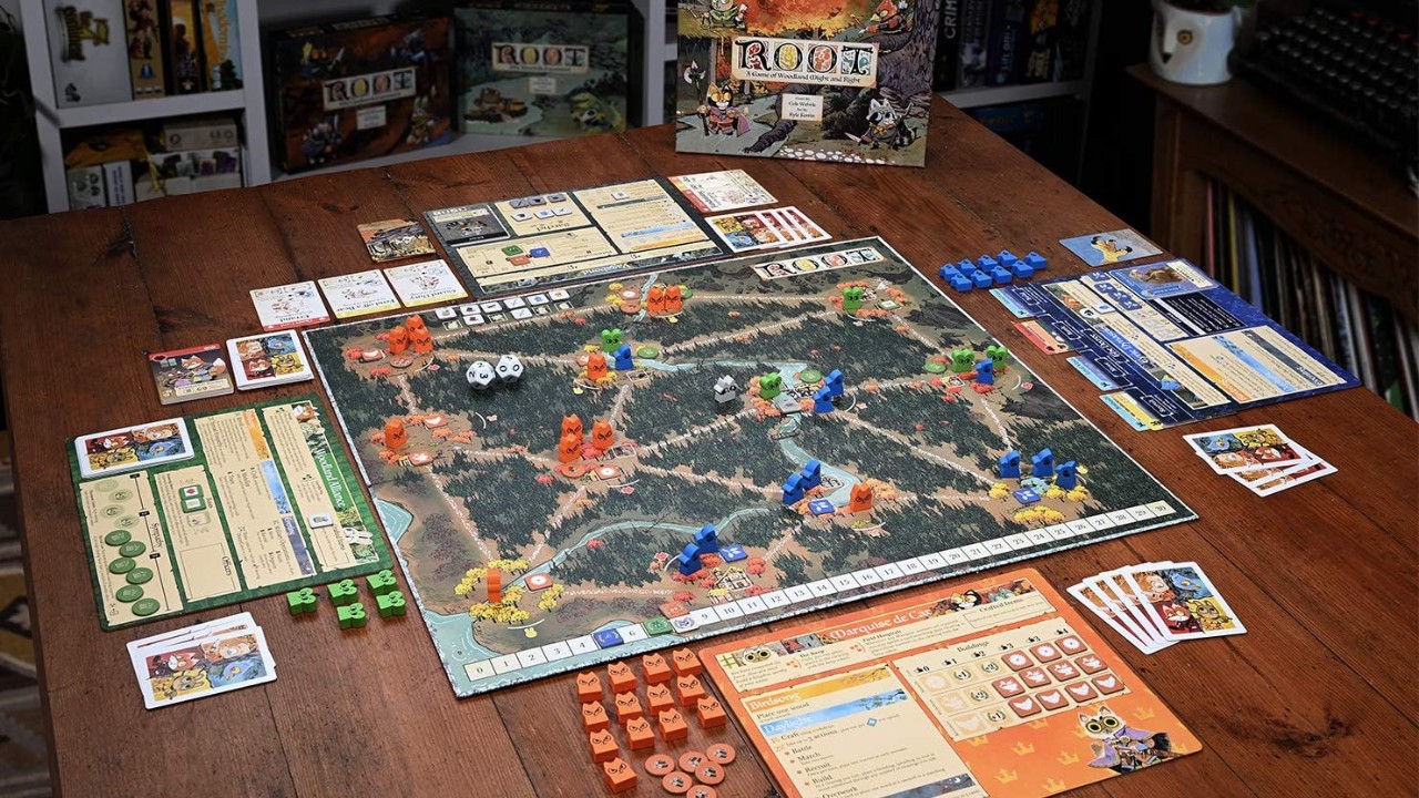 Tabletop spread of Root board game.