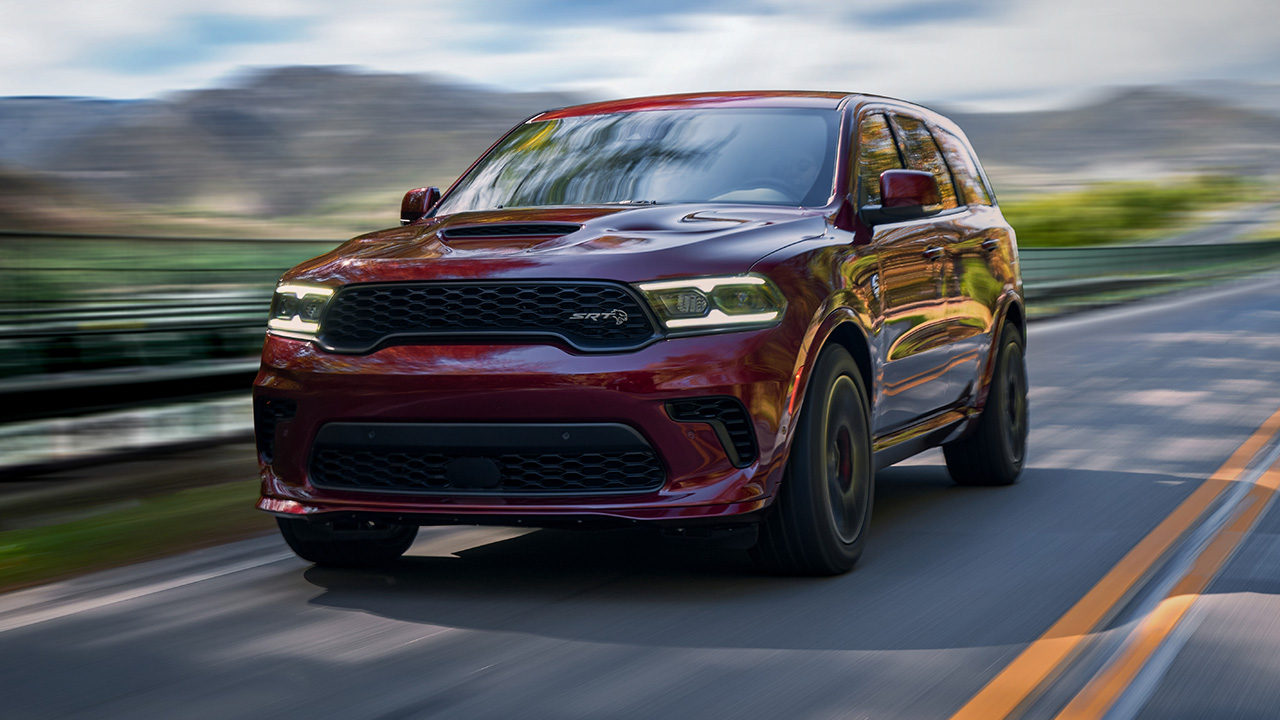 Dodge Durango SRT Hellcat, red, front 3/4 view, driving