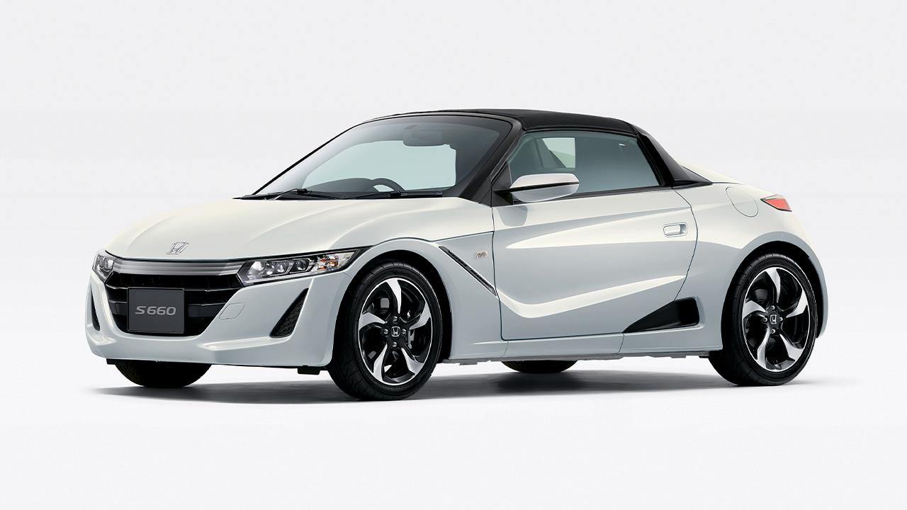 Honda S660, front 3/4 view, static, white background, white exterior
