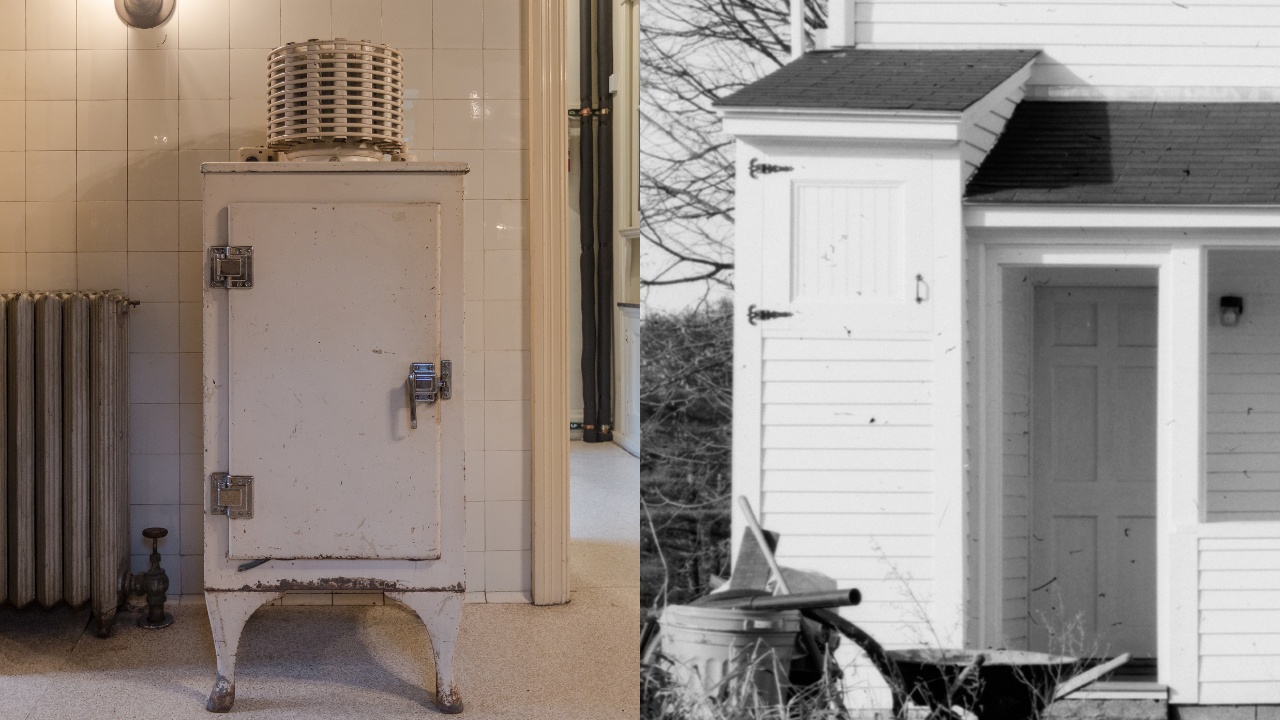 (L) A picture of a vintage white icebox; (R) Conner Homestead, House, Epping Road (State Route 101) close-up of an old icebox/pantry.