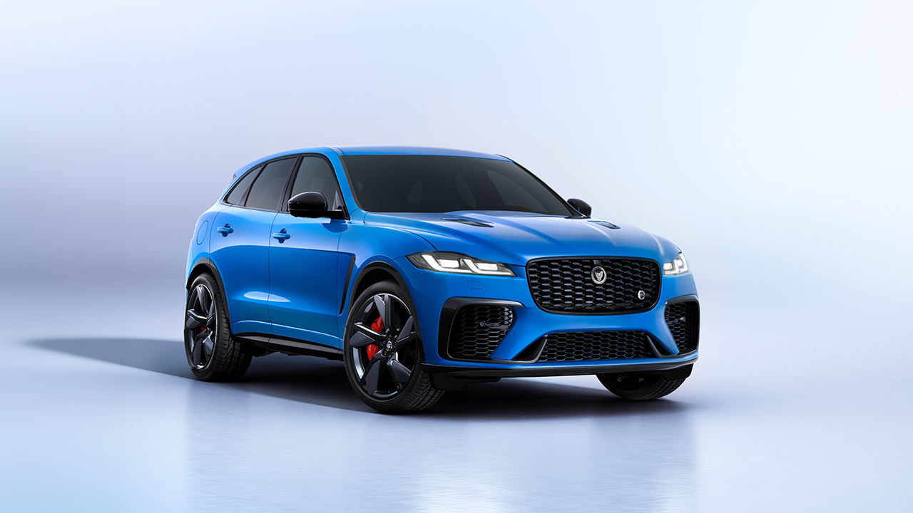 Jaguar F-Pace SVR, blue, front 3/4, studio shot