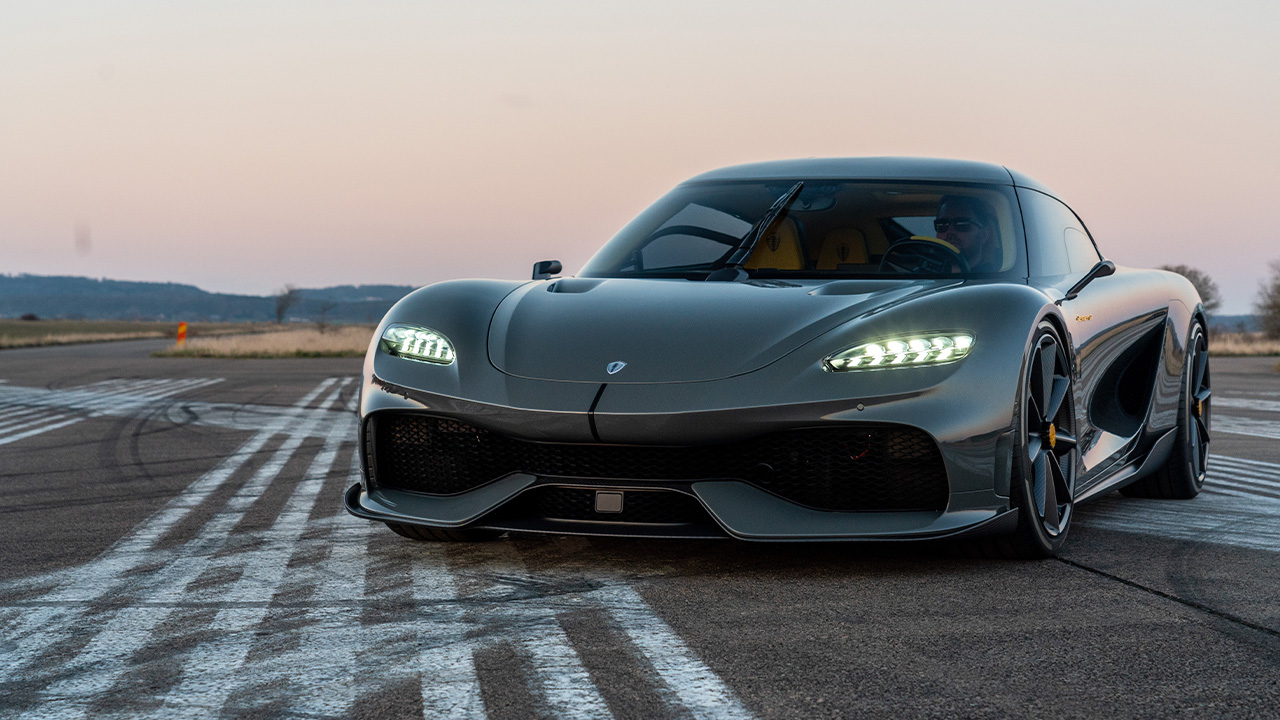 Koenigsegg Gemera, front 3/4 view, test track, gray, prototype