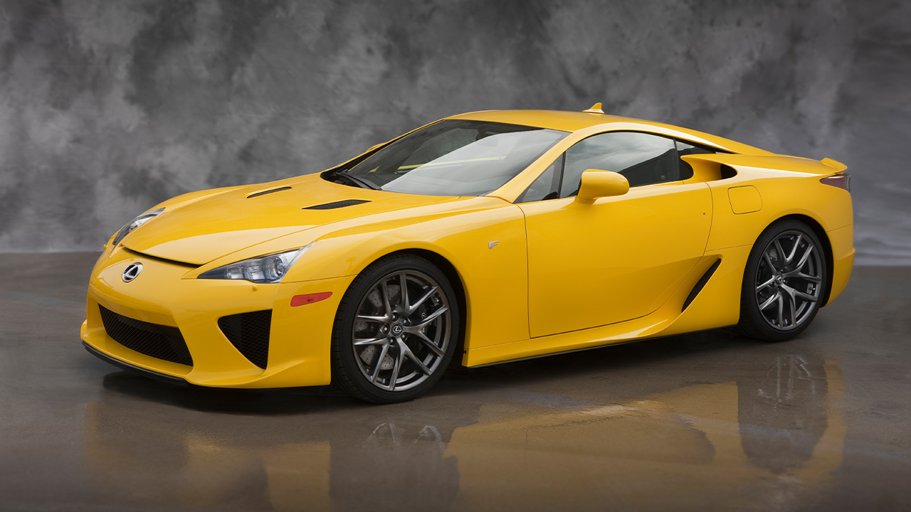 Lexus LFA, front 3/4 view, yellow exterior, studio shot