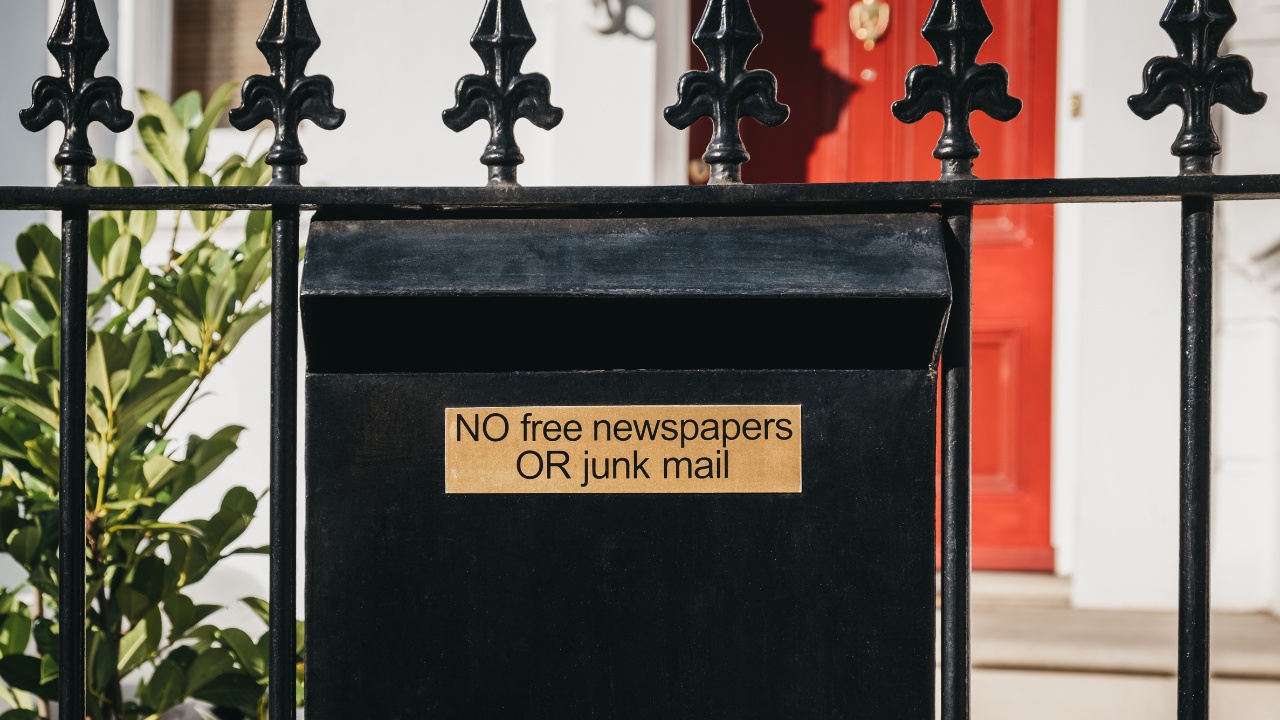 Close up of a black post box with "no free newspapers or junk mail" sign outside a house on a fence on a sunny day.