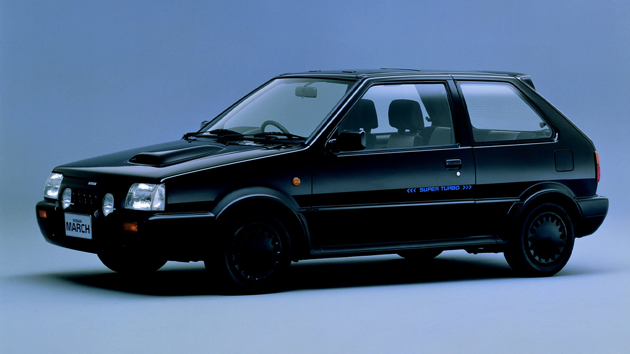 Nissan March Super Turbo, front 3/4 view, studio shot, black exterior