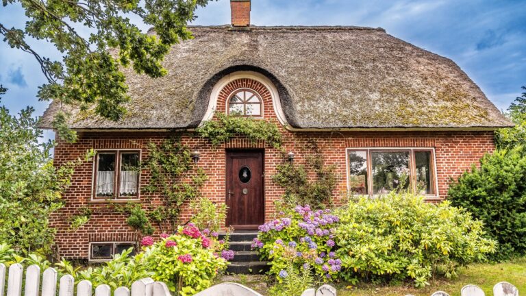 Nordby main road old houses at the island Fanoe in the wadden sea, Denmark.
