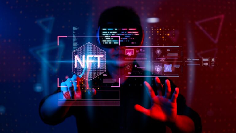 Person interacting with an NFT wearing a VR virtual reality headset