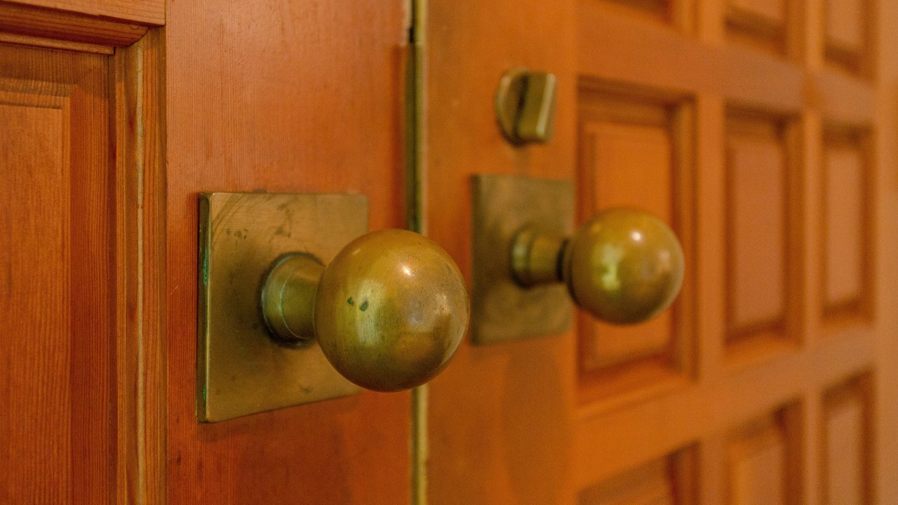 Close-up view round brass door knobs on wooden paneled doors. 