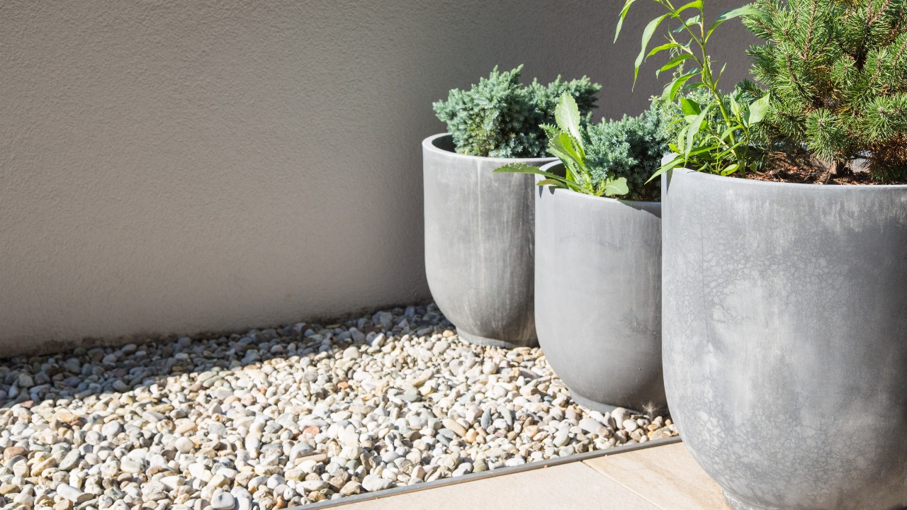 Modern garden and terrace design with gray pots made of fiberglass and stone planted with herbs and small pine-trees placed on gravel and flagged floor in front of a balcony wall.