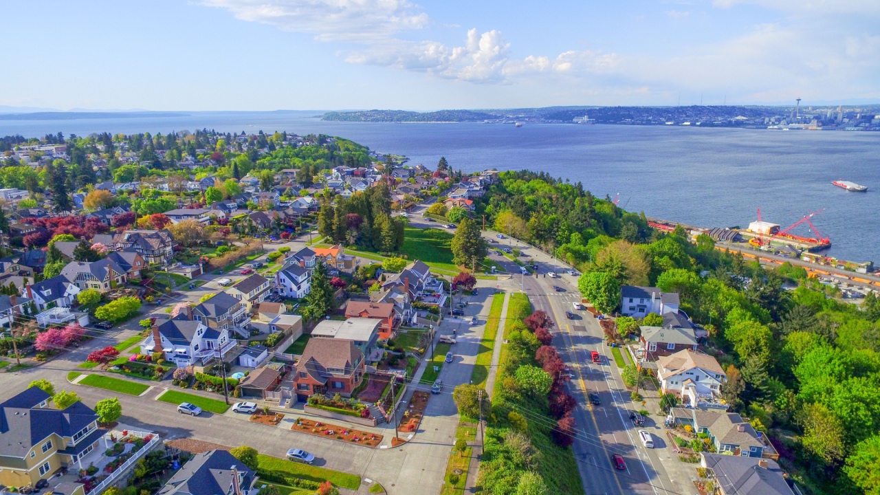 West Seattle expensive real estate with water view neighborhood aerial shot.