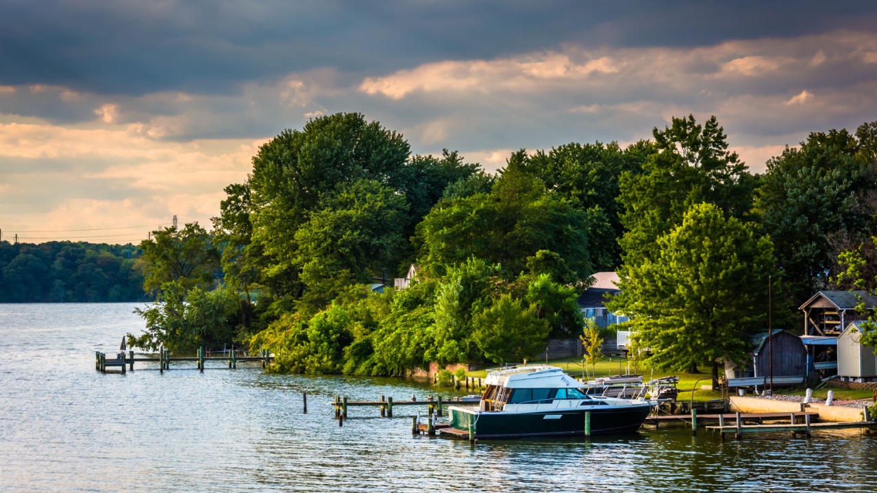 Boats and docks along the Back River in Essex, Maryland.