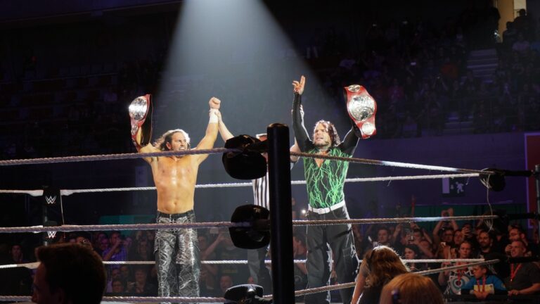 The Hardy Boyz winning a tag-team match.