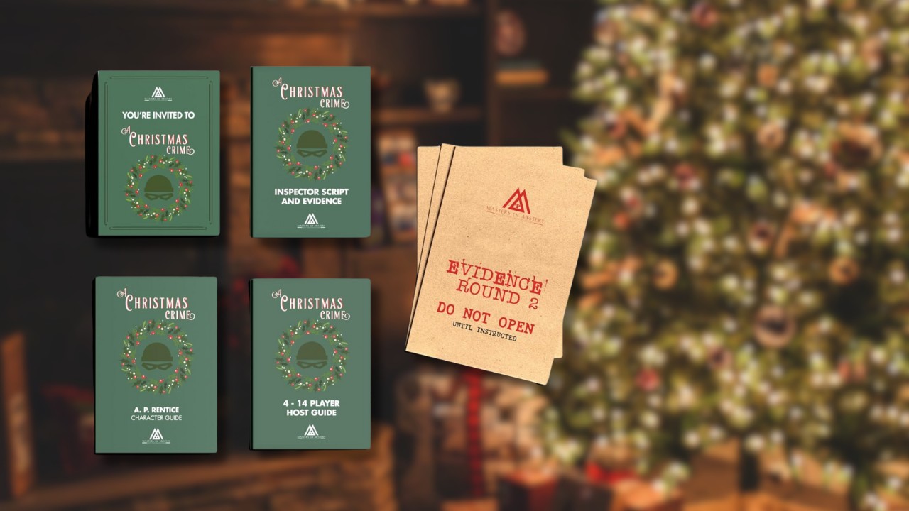 A Christmas Crime board game over a blurred Holiday background. 
