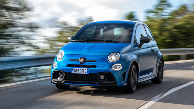 Abarth 595, front 3/4 view, driving, blue exterior