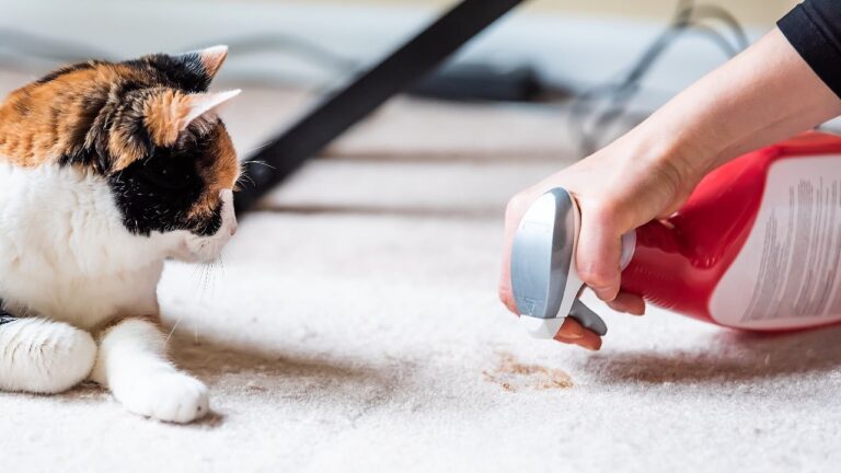 A cat laying on a carpeted floor staring at the spray bottle it’s owned is using to clean up a stainA cat laying on a carpeted floor staring at the spray bottle it’s owned is using to clean up a stain