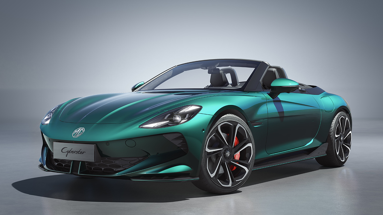 MG Cyberster, front 3/4 view, teal exterior, studio shot