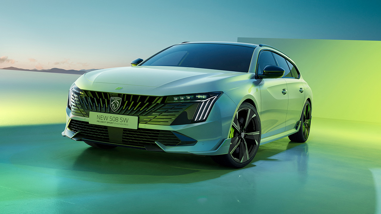 Peugeot 508 PSE SW, front 3/4 view, white exterior, colorful background