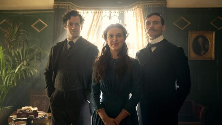 Henry Cavill, Millie Bobby Brown, and Sam Claflin as Sherlock Holmes, Enola Holmes, and Mycroft Holmes in Enola Holmes (2020)